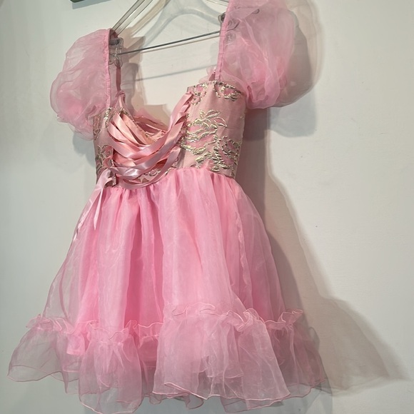 Brand New regal brocade metallic a line mini dress tea party pink gold medium - Picture 7 of 7